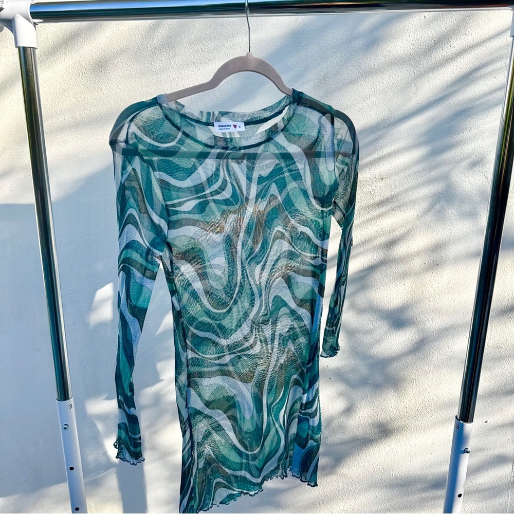 Y2K Blue Swirl Print Sheer Shimmer Mesh Top Size Medium M